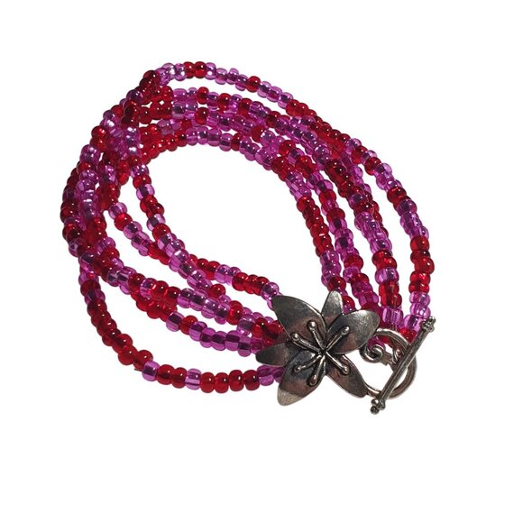 Beaded Bracelet Vintage Red Pink Glass Silver Flower Clasp Handmade Jewelry - Picture 1 of 5
